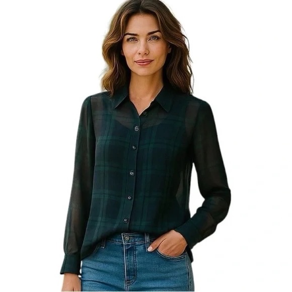 Lord & Taylor Tops - Lord & Taylor Sheer Green & Navy Plaid Long Sleeve Blouse Size Petite S